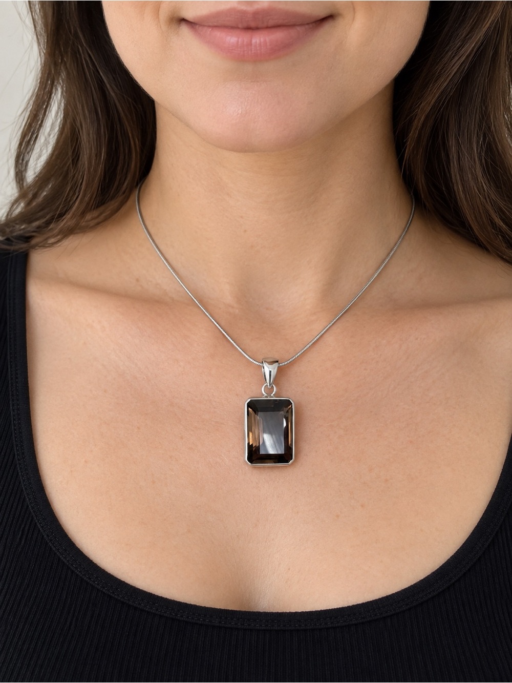 925 Sterling Silver Chunky Faceted Smoky Topaz Pendant Necklace 16” Chain
